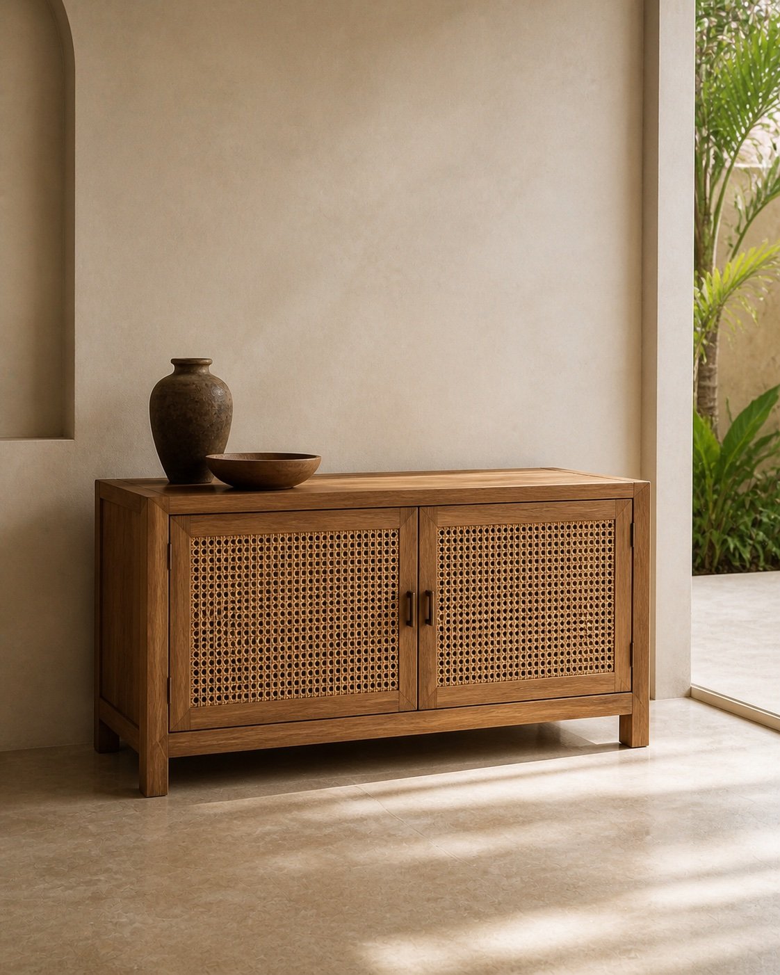 Atelier Chest, Natural oak · Woven panel, concept visualization