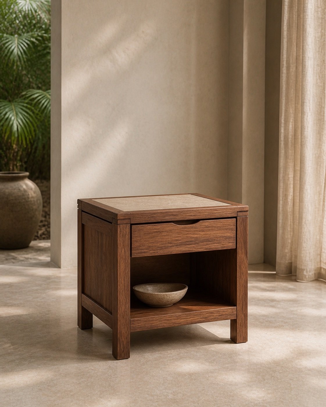 Dawn Bedside Table, Teak · Stone inset, concept visualization