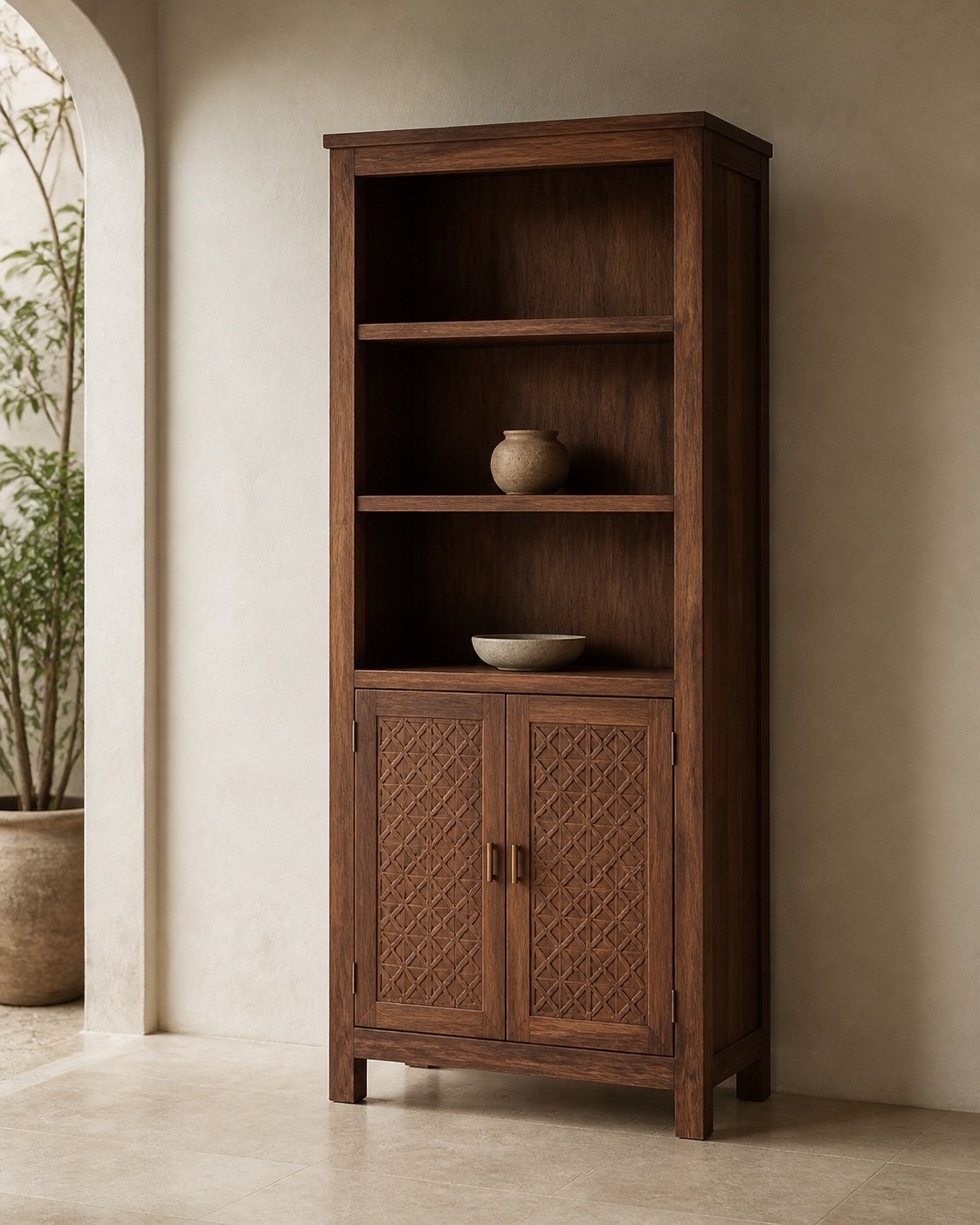 Gallery Cabinet, Teak · Hand-carved doors, concept visualization