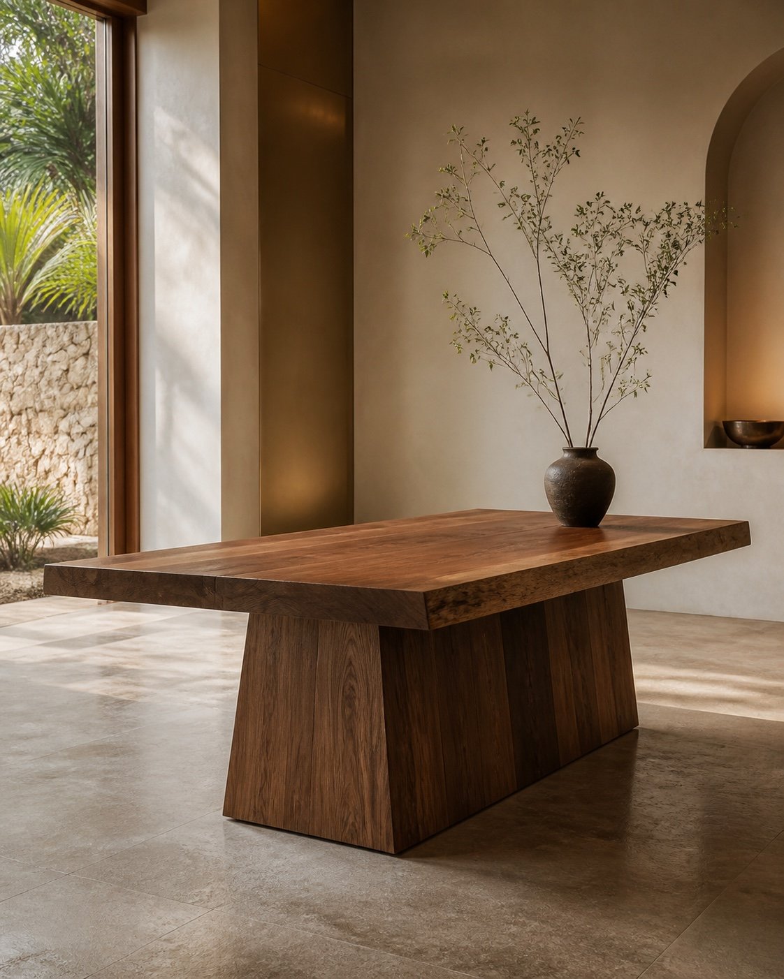 Monolith Dining Table, Solid teak · Sculpted base, concept visualization