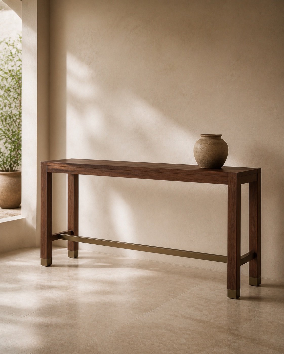 Nusa Console, Ironwood · Hand-finished metal, concept visualization