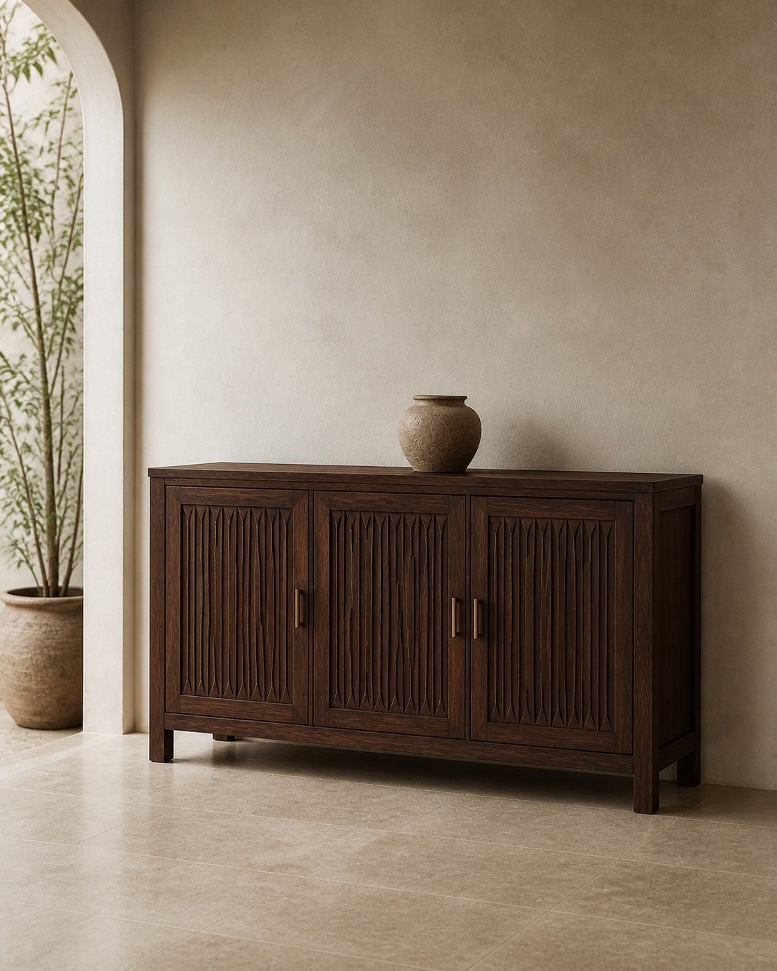 Ritual Sideboard, Dark timber · Forged hardware, concept visualization