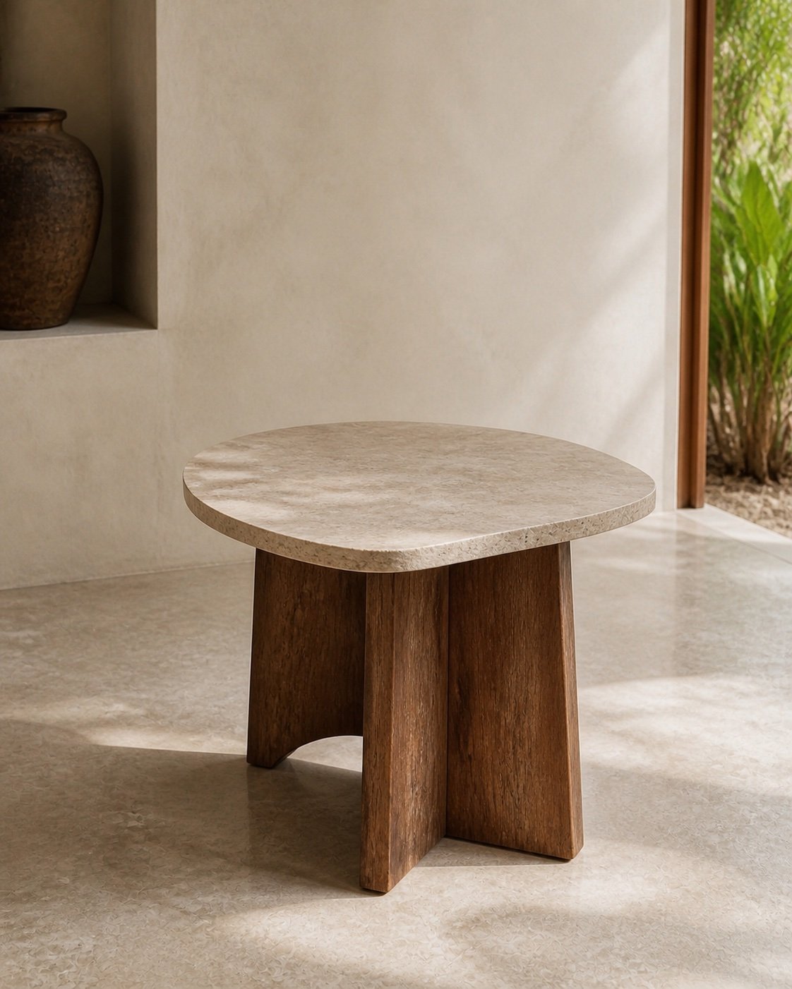 River Occasional Table, Natural stone · Aged timber, concept visualization