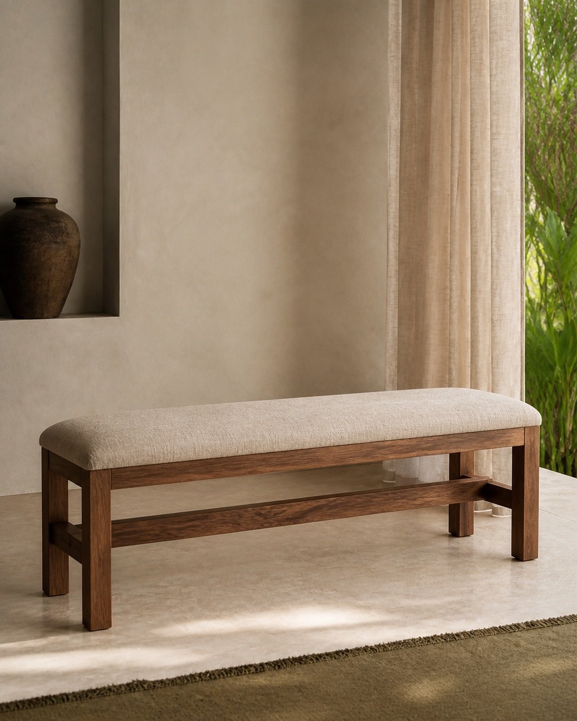 Sanctuary Bench, Aged timber · Natural linen, concept visualization
