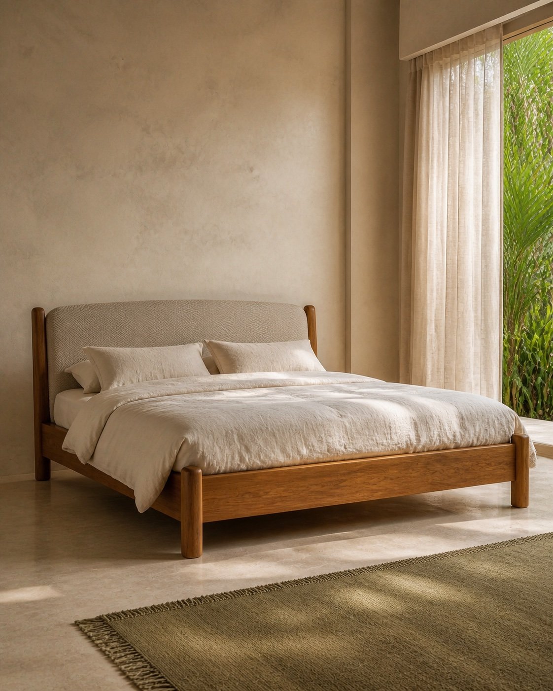 Satori Bed, Solid teak · Upholstered headboard, concept visualization